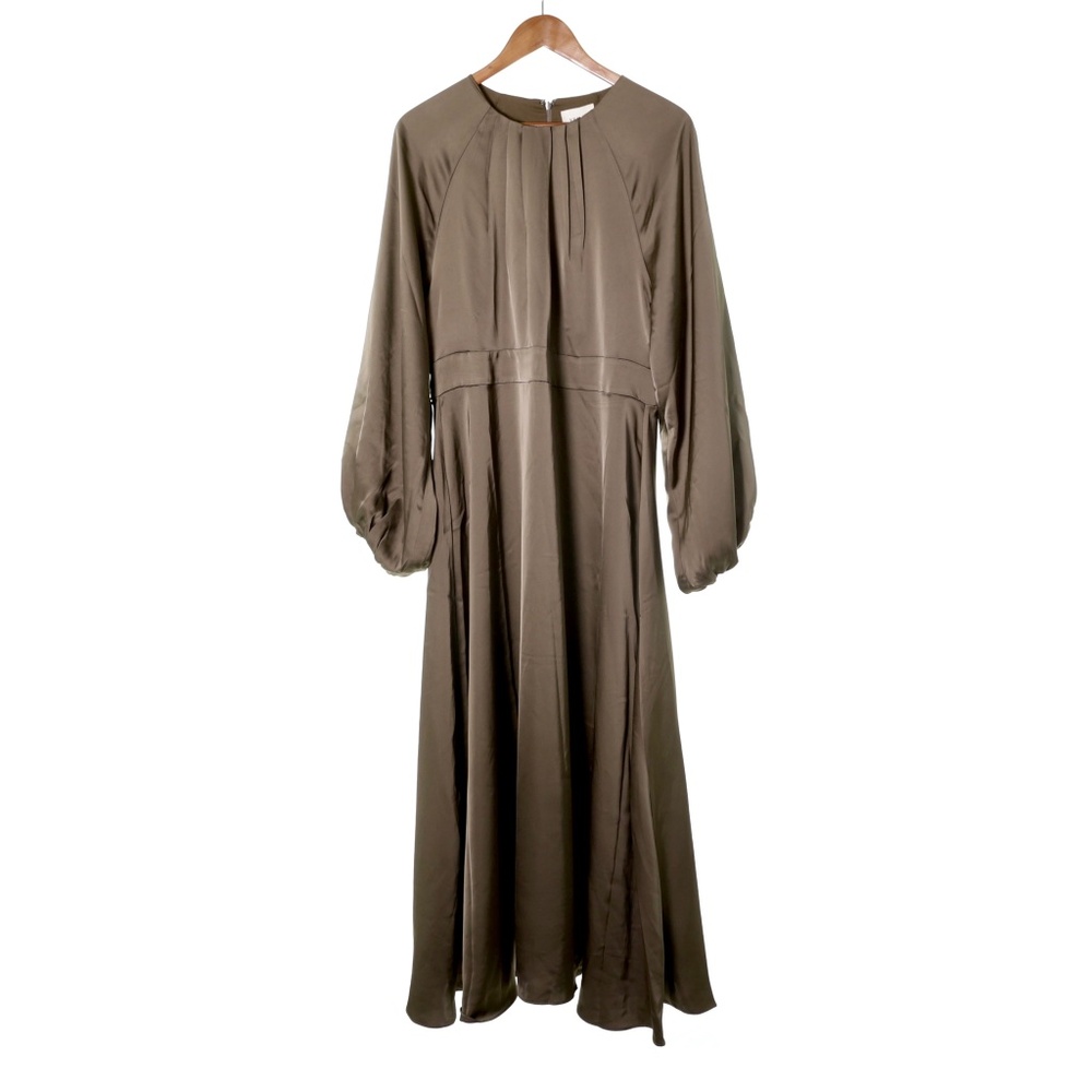NWT Veiled Luna Satin Balloon Sleeve Olive Maxi Dress Womens XL Elegant Modest
